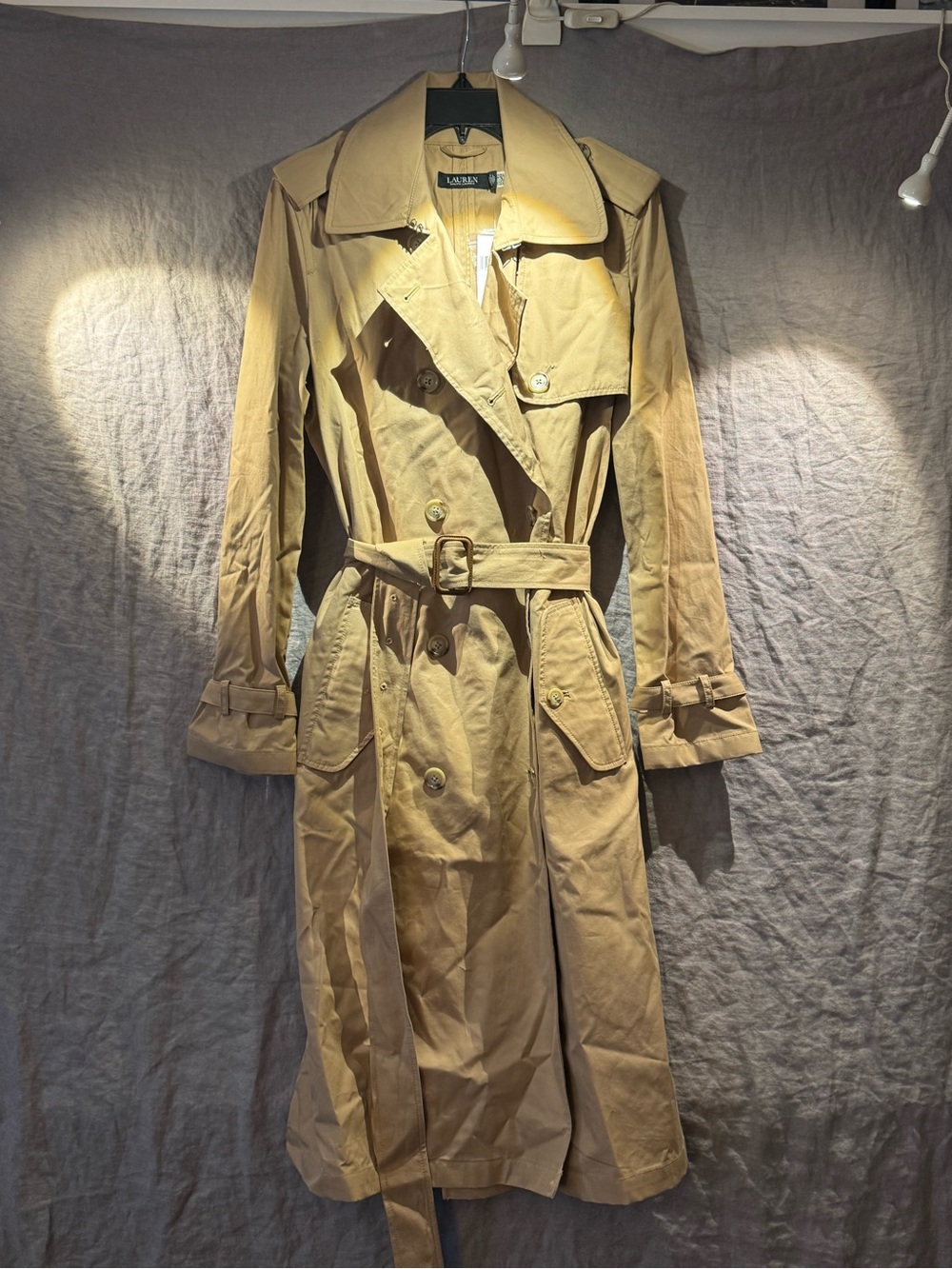 Ralph Lauren Tan Double-Breasted Trench Coat with Belt - size 10